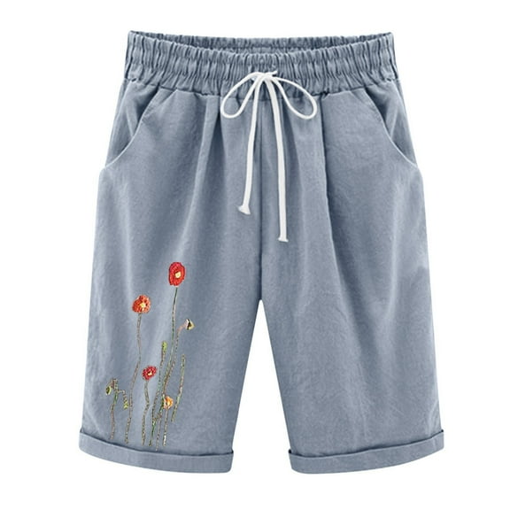 LIIPEE Women Casual Pants Plus Size Flower Printed Elastic High Waist Drawstring Straight Wide Leg Knee-Length Pants Trousers With Pockets Female Versatile Holidays Vacations Pants,Blue,Xxl