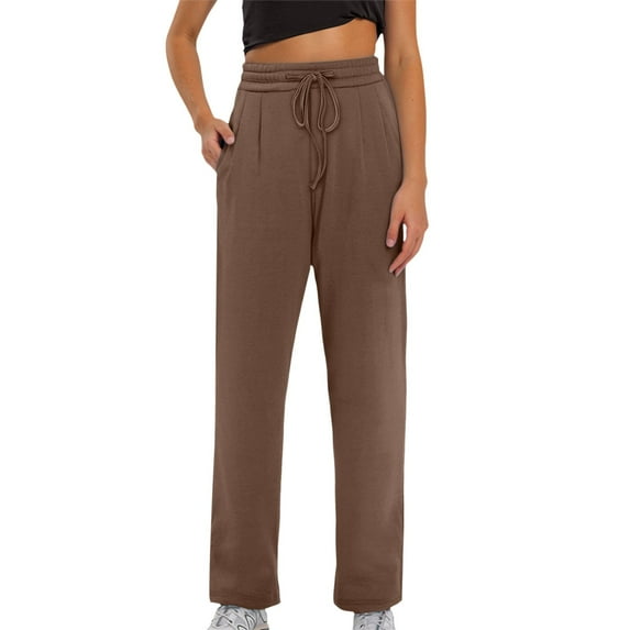 LIIPEE Women Casual Pants Solid Color Elastic High Waisted Drawstring Straight Wide Leg Pants Trousers With Pockets Female Comfort Streetwear Shopping Working Pants,Coffee,L