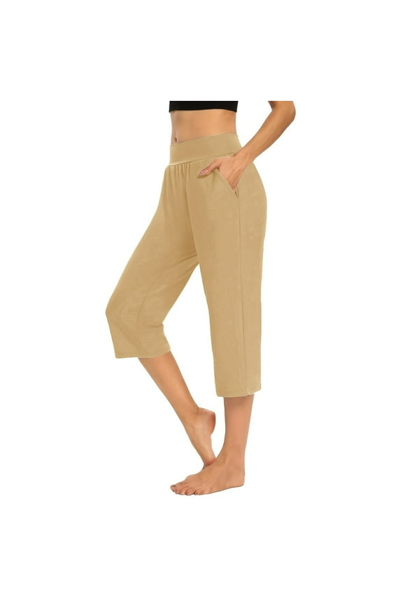 Women Casual Pants Solid Color Elastic Waist Calf-Length Trousers Pants With Pockets Female Stylish Hiking Travel Jogging Pants,Khaki,S