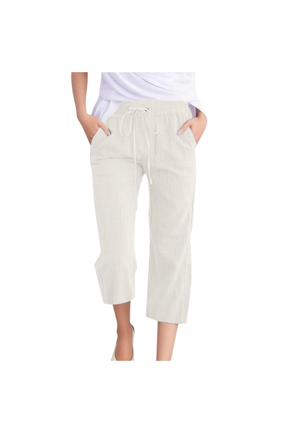 Women Casual Pants Solid Color Plain Weave Elastic Waist Drawstring Wide Leg Calf-Length Trousers Pants With Pockets Female Leisure Hiking Travel Jogging Pants,Beige,S