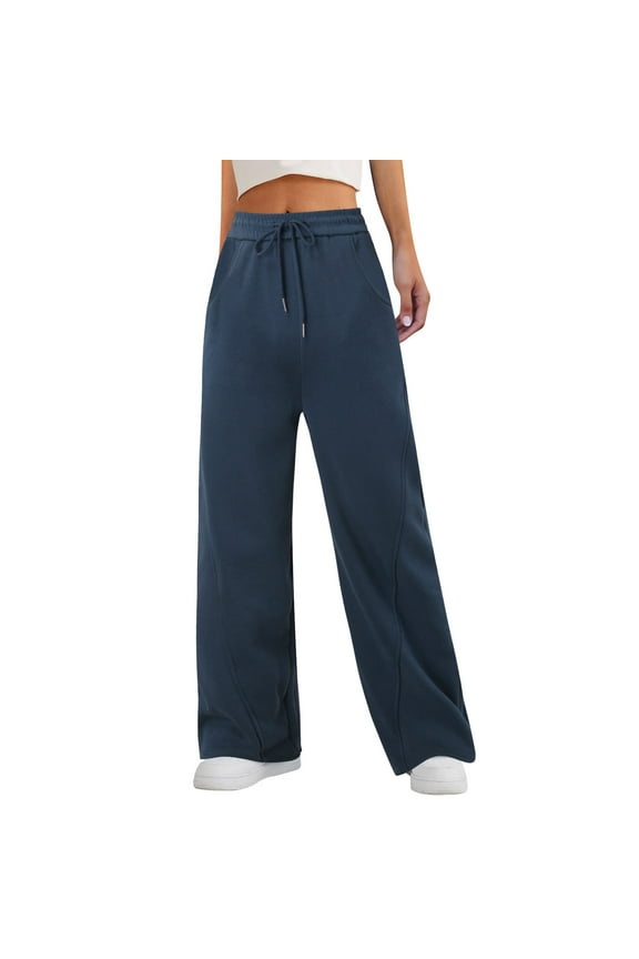 Women Casual Pants Solid Color Stretch Elastic High Waist Drawstring Straight Wide Leg Trousers Sweatpants With Pockets Female Versatile Streetwear Shopping Working Pants,Dark Blue,M