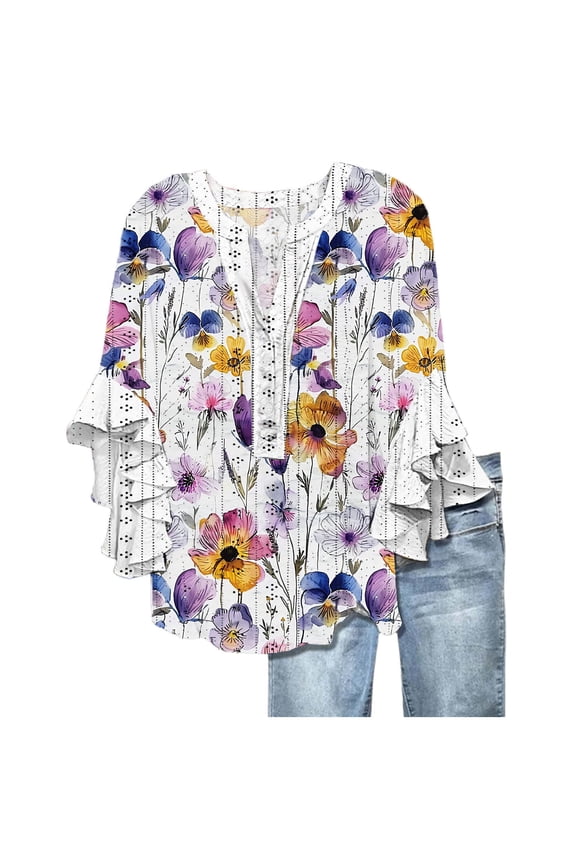 Women Casual Shirts Floral Printed Flowy Buttons Blouses Stylish Ruffle Three Quarter Sleeve V-Neck Tops Loose Fit Elegant Spring Summer Comfortable Soft Breathable Daily Clothing,Purple,M