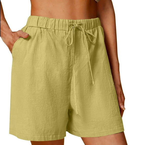 LIIPEE Women Casual Shorts Linen Solid Color Elastic High Waisted Drawstring Wide Leg Shorts With Pockets Female Versatile Hiking Travel Jogging Shorts,Yellow,Xl