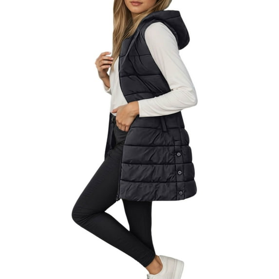 LIIPEE Women Down Jacket Warm Loose Fit Solid Color Sleeveless Hooded Zip Up Vest Coat With Pockets Woman Stylish Casual Daily Party Jackets,Black,L