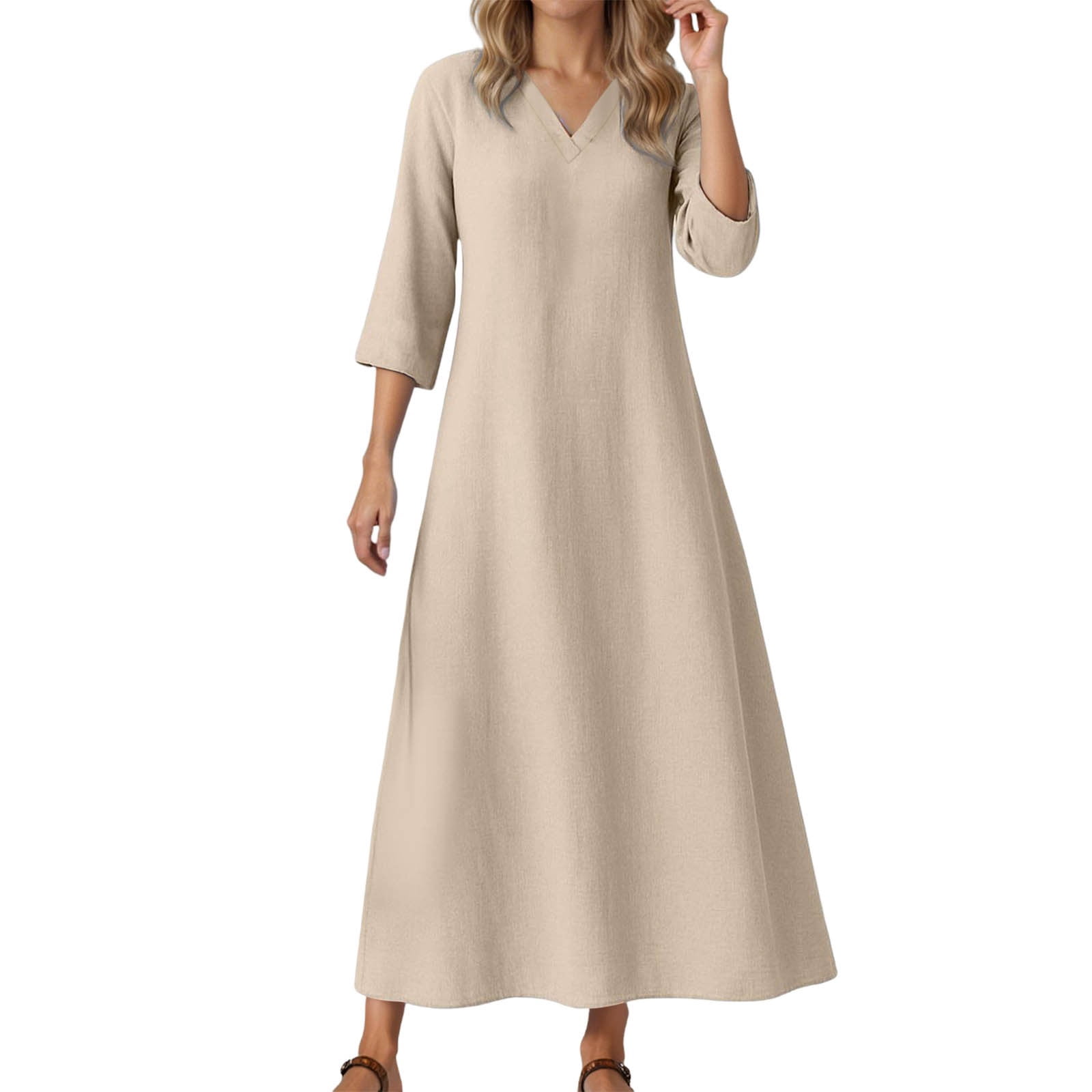 LIIPEE Women Dresses Solid Color Loose 3/4 Sleeve V Neck A-Line Midi Sundress Woman Casual Casual Daily Party Dress,Beige,Xxl