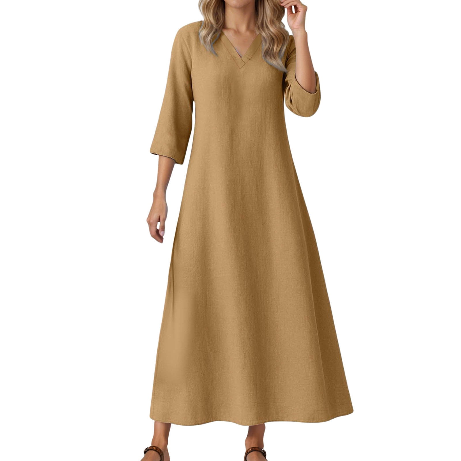 LIIPEE Women Dresses Solid Color Loose 3/4 Sleeve V Neck A-Line Midi Sundress Woman Elegant Indoor Outdoor Wear Dress,Khaki,L