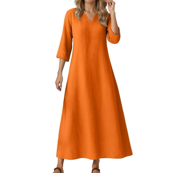 LIIPEE Women Dresses Solid Color Loose 3/4 Sleeve V Neck A-Line Midi Sundress Woman Handsome Holiday Party Photoshoot Dress,Orange,Xl