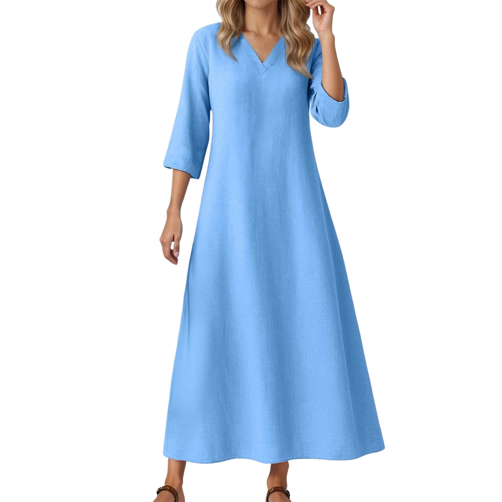 LIIPEE Women Dresses Solid Color Loose 3/4 Sleeve V Neck A-Line Midi  Sundress Woman Stylish Birthday Wedding Weekend Dress,Sky Blue,S -  Walmart.com