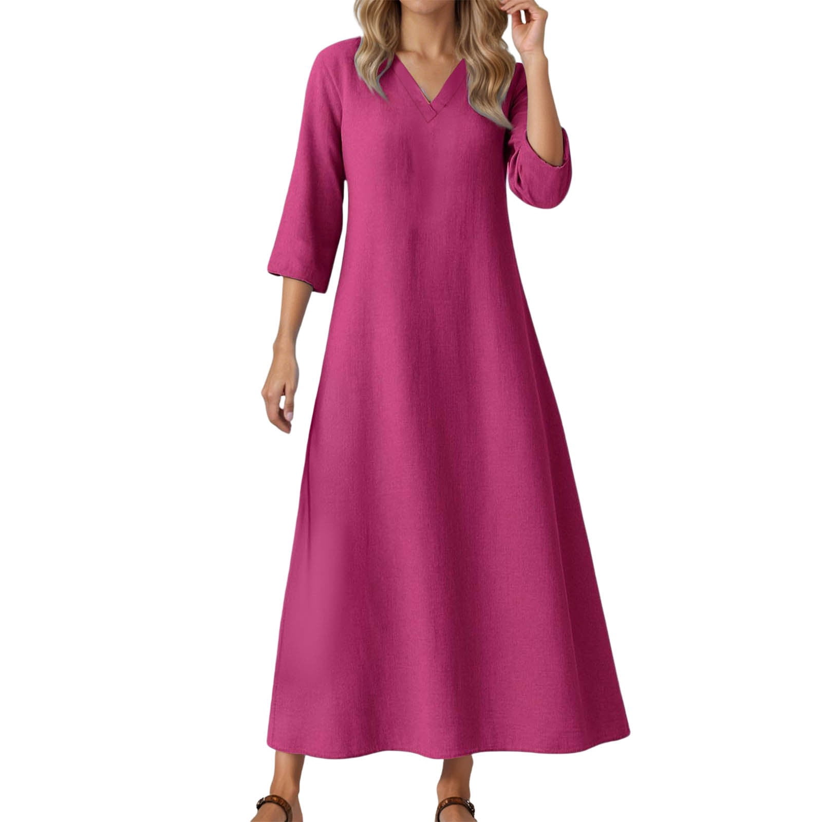 LIIPEE Women Dresses Solid Color Loose 3/4 Sleeve V Neck A-Line Midi Sundress Woman Versatile Casual Daily Party Dress,Hot Pink,Xxl