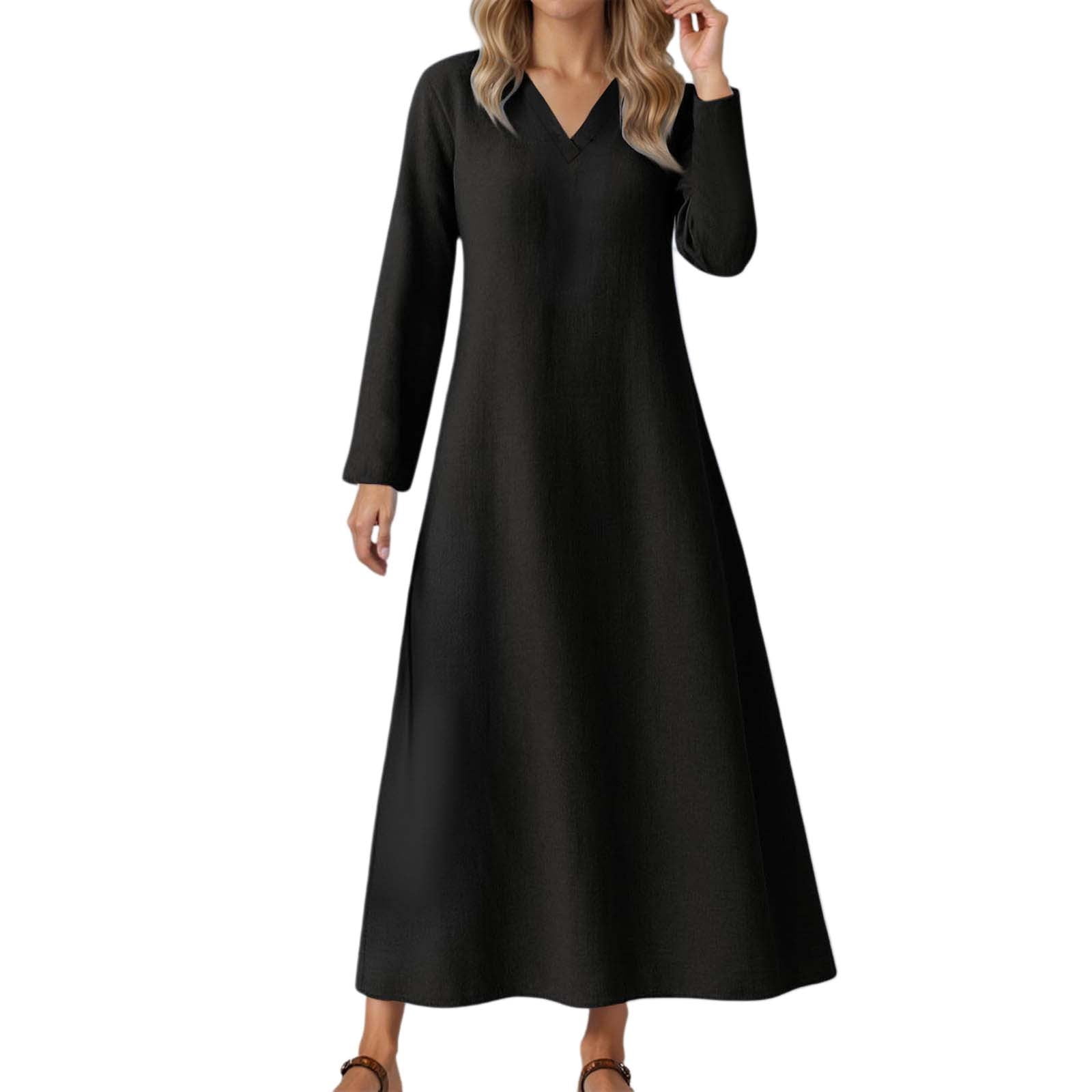 LIIPEE Women Dresses Solid Color Loose Long Sleeve V Neck A-Line Midi Sundress Woman Casual Climbing Hiking Camping Cycling Dress,Black,M
