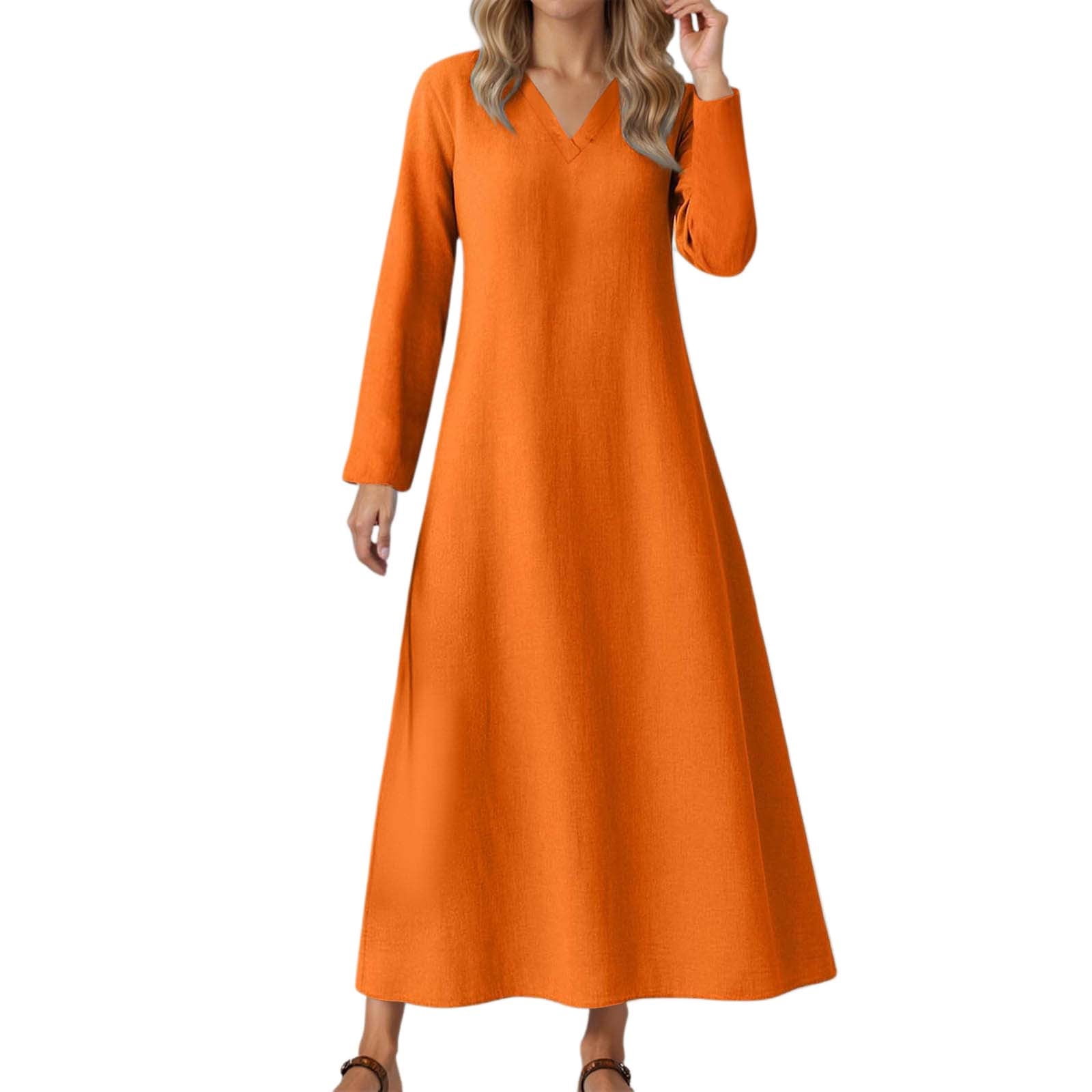 LIIPEE Women Dresses Solid Color Loose Long Sleeve V Neck A-Line Midi Sundress Woman Casual Indoor Outdoor Wear Dress,Orange,L