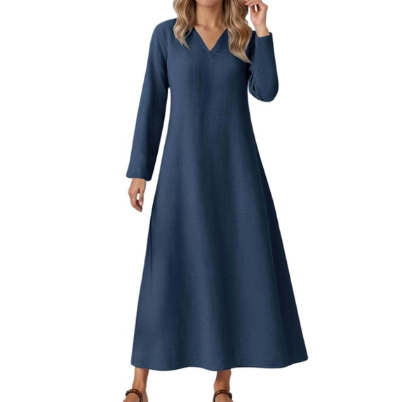 LIIPEE Women Dresses Solid Color Loose Long Sleeve V Neck A-Line Midi Sundress Woman Classic Casual Daily Party Dress,Navy,Xxl