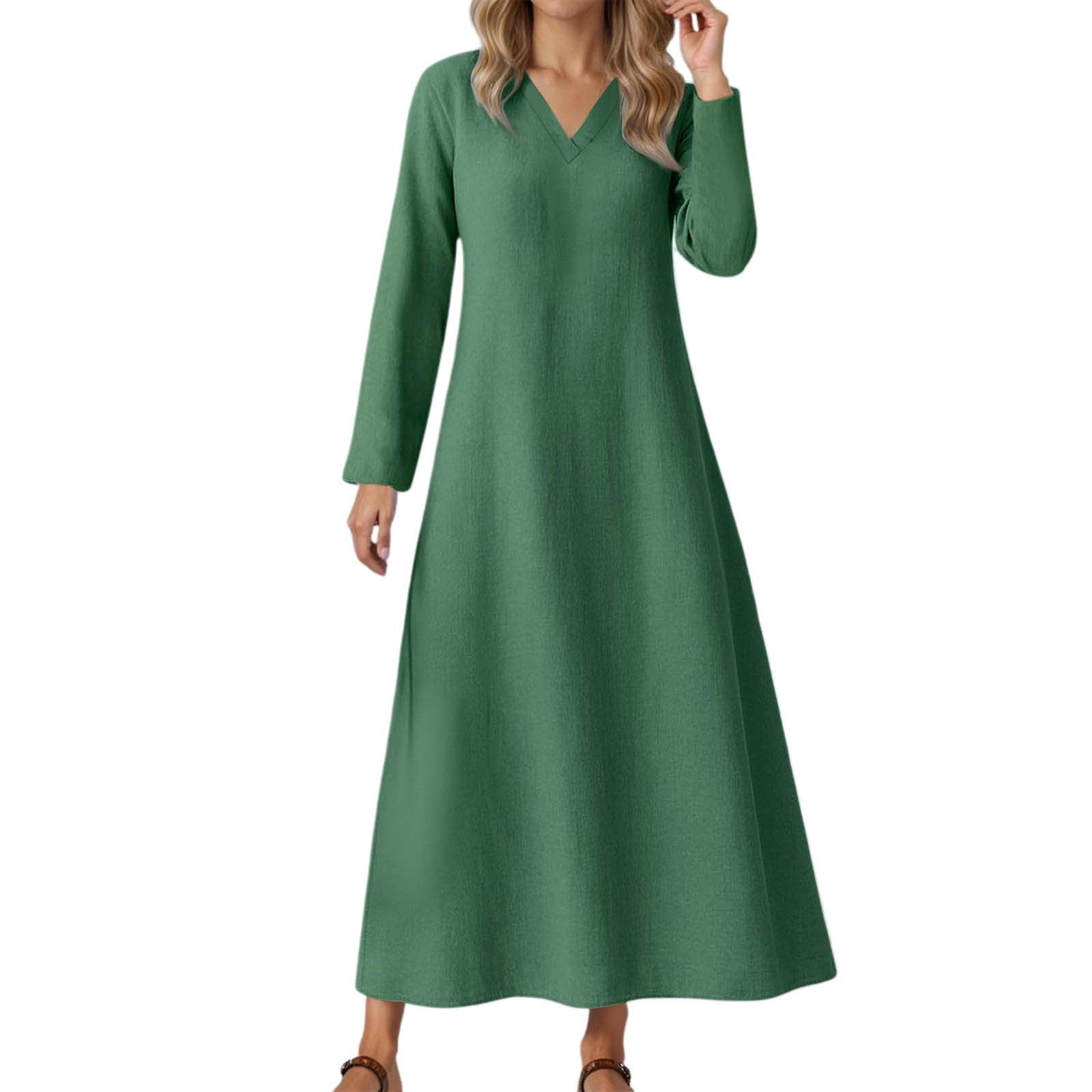 LIIPEE Women Dresses Solid Color Loose Long Sleeve V Neck A-Line Midi Sundress Woman Comfortable Casual Daily Party Dress,Green,Xxl