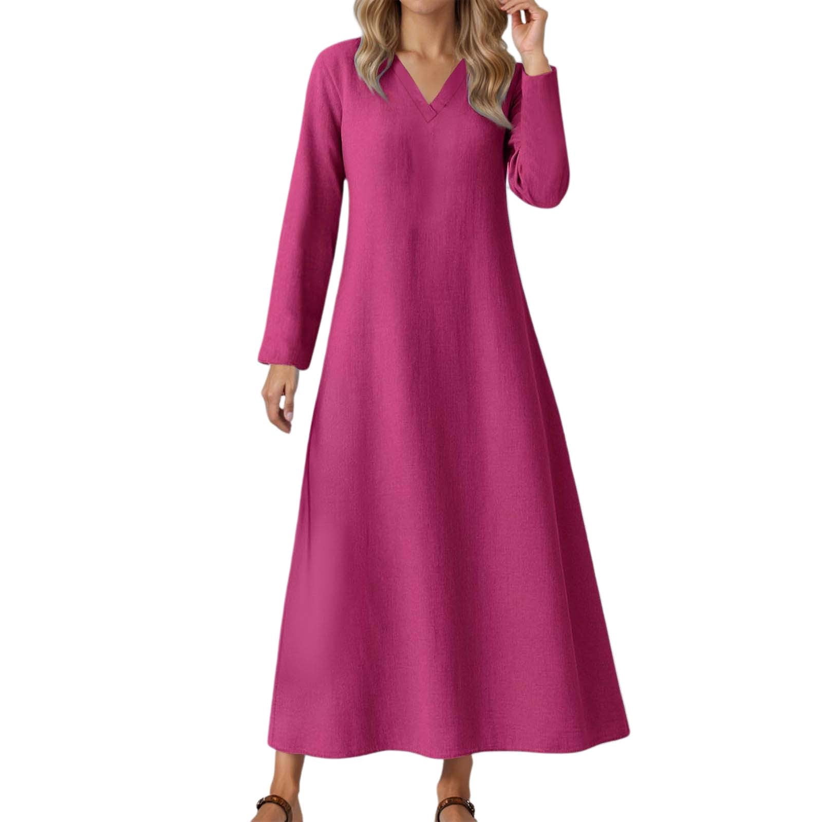 LIIPEE Women Dresses Solid Color Loose Long Sleeve V Neck A-Line Midi Sundress Woman Versatile Climbing Hiking Camping Cycling Dress,Hot Pink,M
