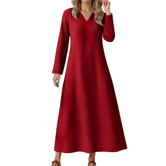 LIIPEE Women Dresses Solid Color Loose Long Sleeve V Neck A-Line Midi Sundress Woman Versatile Indoor Outdoor Wear Dress,Red,L