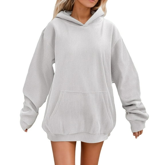 LIIPEE Women Hoodies Solid Color Long Sleeve Corduroy Pullover Hoodless Sweatshirt With Pocket Female Trendy Vacation Sweatshirts,White,Xxxl