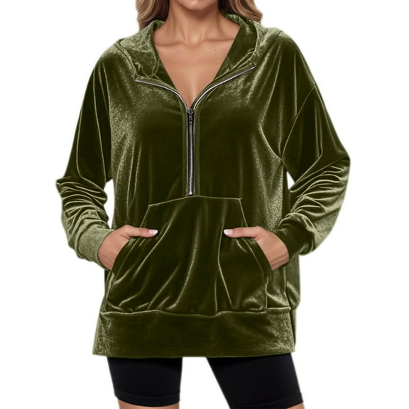 LIIPEE Women Hoodies Solid Color Long Sleeve Hooded Half Zip Pullover Top With Pocket Woman Comfort Indoor Outdoor Wear Sweatshirts,Army Green,S