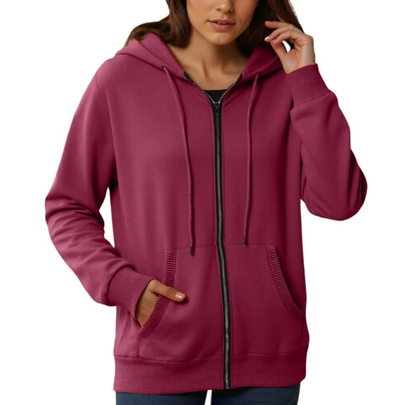 LIIPEE Women Hoodies Solid Color Long Sleeve Hooded Zip Up Top With Pockets Woman Comfort Indoor Outdoor Wear Sweatshirts,Wine,L