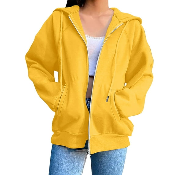 LIIPEE Women Hoodies Solid Color Long Sleeve Zip Up Drawstring Pullover Hooded Sweatshirt With Pockets Female Trendy Work Sweatshirts,Yellow,Xl