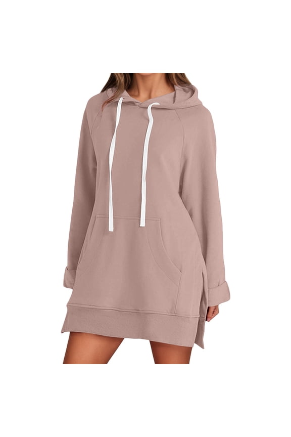 Women Hoodies Solid Color Side Split Long Sleeve Drawstring Pullover Hooded Sweatshirt With Pocket Female Stylish Travel Sweatshirts,Pink,Xxxl