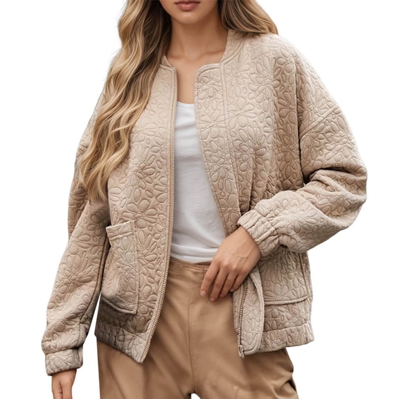 LIIPEE Women Jacket Solid Color Long Sleeve Zip Up Cardigan Coat Top With Pockets Woman Classic Casual Daily Party Jackets,Beige,Xxl