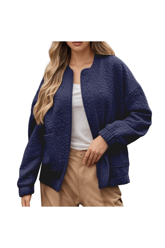 Women Jacket Solid Color Long Sleeve Zip Up Cardigan Coat Top With Pockets Woman Comfort Climbing Hiking Camping Cycling Jackets,Navy,M