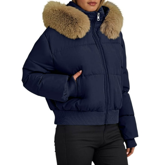 LIIPEE Women Down Jacket Warm Loose Fit Solid Color Long Sleeve Hooded Zip Up Coat With Pockets Woman Versatile Climbing Hiking Camping Cycling Jackets,Navy,L