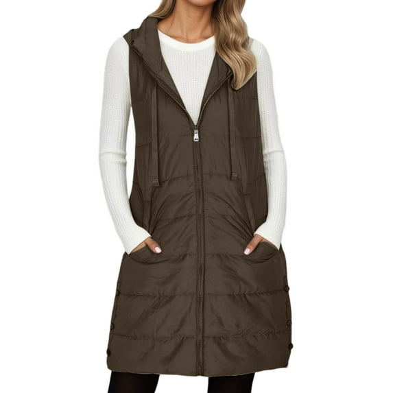 LIIPEE Women Down Jacket Warm Loose Fit Solid Color Sleeveless Hooded Zip Up Vest Coat With Pockets Woman Breathable Casual Daily Party Jackets,Coffee,L