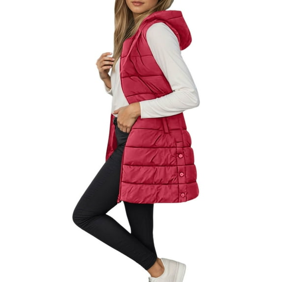 LIIPEE Women Down Jacket Warm Loose Fit Solid Color Sleeveless Hooded Zip Up Vest Coat With Pockets Woman Comfort Climbing Hiking Camping Cycling Jackets,Red,Xxl