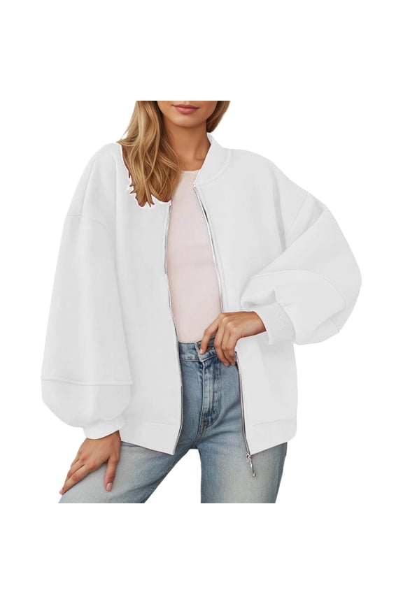 Women Jacket Warm Solid Color Lightweight Windbreaker Long Sleeve Zip Up Streetwear Coat Woman Casual Birthday Wedding Weekend Jackets,White,M