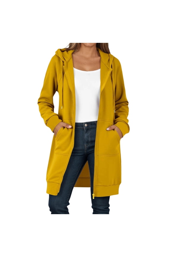 Women Jacket Warm Solid Color Long Sleeve Hooded Zip Up Long Coat With Pockets Woman Breathable Climbing Hiking Camping Cycling Jackets,Yellow,S