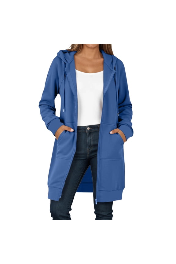 Women Jacket Warm Solid Color Long Sleeve Hooded Zip Up Long Coat With Pockets Woman Casual Climbing Hiking Camping Cycling Jackets,Blue,S
