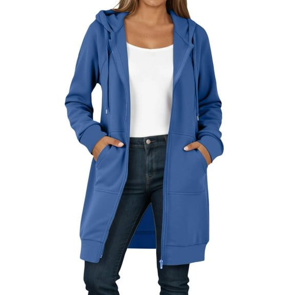 LIIPEE Women Jacket Warm Solid Color Long Sleeve Hooded Zip Up Long Coat With Pockets Woman Versatile Casual Daily Party Jackets,Blue,M