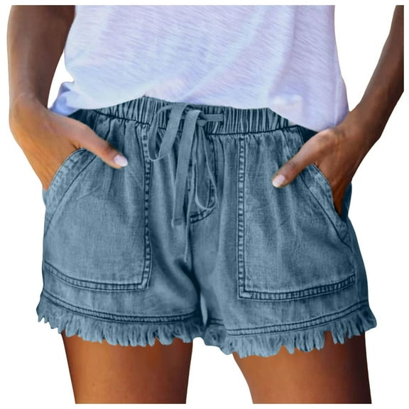 LIIPEE Women Jean Shorts Casual Elastic High Waist Tassels Drawstring Denim Shorts With Pockets Female Classic Daily Wear Going Out Shorts,Blue,L