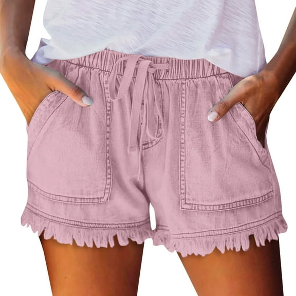 LIIPEE Women Jean Shorts Elastic High Waisted Drawstring Tassels Denim Shorts With Pockets Female Versatile Hiking Travel Jogging Shorts,Pink,M
