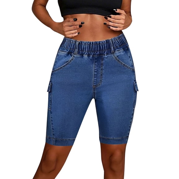 LIIPEE Women Jean Shorts Elastic High Waisted Straight Leg Denim Shorts With Pockets Female Stylish Daily Wear Going Out Shorts,Dark Blue,M