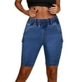 thumbnail image 1 of LIIPEE Women Jean Shorts Elastic High Waisted Straight Leg Denim Shorts With Pockets Female Trendy Streetwear Shopping Working Shorts,Dark Blue,S, 1 of 4