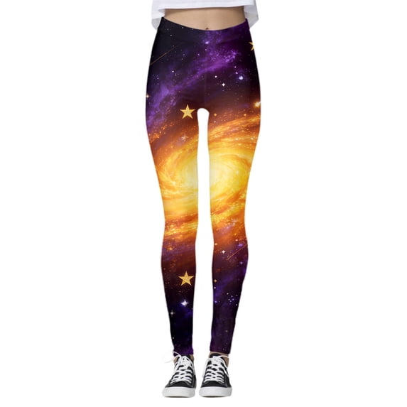 LIIPEE Women Leggings Casual Elastic High Waist Slim Fit Ankle Length Leggings Carnival Galaxy Starry Printed Yoga Pants Running Fashion Comfortable Soft Breathable Leggings,Orange,L