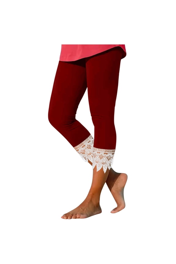 Women Leggings Casual Slim Fit Solid Color High Waist Calf Length Leggings With Lace Trim Summer Beach Exercise Stretch Lightweight Comfortable Soft Breathable Leggings,,XXL