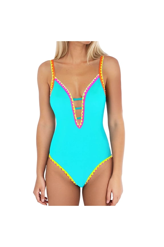 Women One-Piece Swimsuits Casual Solid Color Sleeveless Deep V Neck Bathing Suit Ladies Sexy Suspender Fringed Dance Swimsuits Summer Beach Pool Comfortable Soft Breathable Swimwear,Blue,L