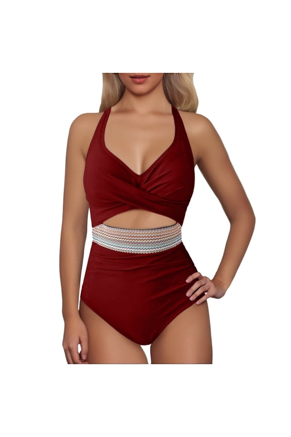 Women One-Piece Swimsuits Casual Solid Color Sleeveless V-Neck Bathing Suit Ladies Sexy Hollow Out Ruched Swimsuits Summer Beach Pool Comfortable Soft Breathable Swimwear,,S