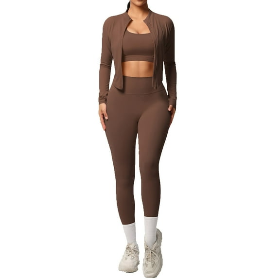LIIPEE Women Outfits 3 Piece Solid Color Long Sleeve Jacket Sport Bar Tight Pants Yoga Running Fitness Set Woman Breathable Climbing Hiking Camping Cycling Outfits,Brown,L