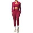 thumbnail image 1 of LIIPEE Women Outfits 3 Piece Solid Color Long Sleeve Jacket Sport Bar Tight Pants Yoga Running Fitness Set Woman Casual Climbing Hiking Camping Cycling Outfits,Red,L, 1 of 4
