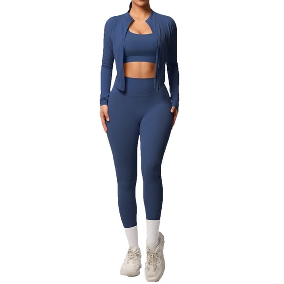 LIIPEE Women Outfits 3 Piece Solid Color Long Sleeve Jacket Sport Bar Tight Pants Yoga Running Fitness Set Woman Casual Indoor Outdoor Wear Outfits,Blue,S