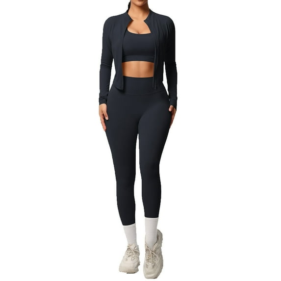 LIIPEE Women Outfits 3 Piece Solid Color Long Sleeve Jacket Sport Bar Tight Pants Yoga Running Fitness Set Woman Stylish Climbing Hiking Camping Cycling Outfits,Black,Xl