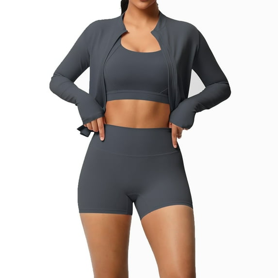 LIIPEE Women Outfits 3 Piece Solid Color Long Sleeve Jacket Sport Bar Tight Shorts Yoga Running Fitness Set Woman Comfortable Birthday Wedding Weekend Outfits,Dark Gray,S