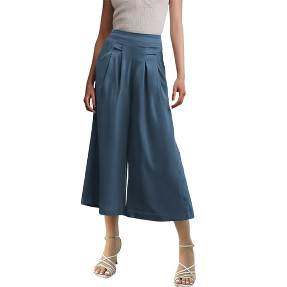 LIIPEE Women Pants Casual Solid Color High Waist Calf Length Wide Leg Work Pants Ladies Comfortable Loose Fit Pants Vacation Breathable Soft Daily Trousers,Dark Blue,XL