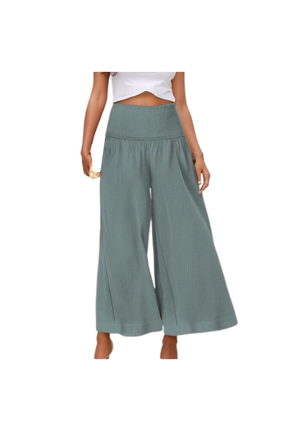 Women Pants Casual Solid Color High Waisted Linen Wide Leg Flare Pants Ladies Vacation Comfortable Stretchy Breathable Soft Daily Trousers,Army Green,L