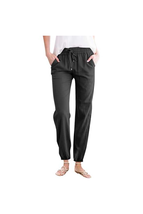 Women Pants Casual Solid Color Linen Elastic Waist Drawstring Ankle Length Pants Ladies Comfortable Soft Breathable Daily Trousers,Black,XL