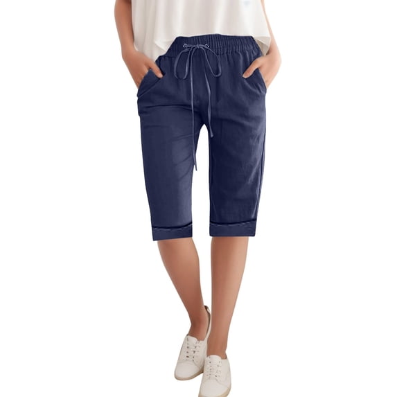 LIIPEE Women Pants Casual Solid Color Straight Leg Drawstring Linen Knee Length Pants With Pockets Ladies Comfortable Breathable Soft Daily Trousers,Blue,L